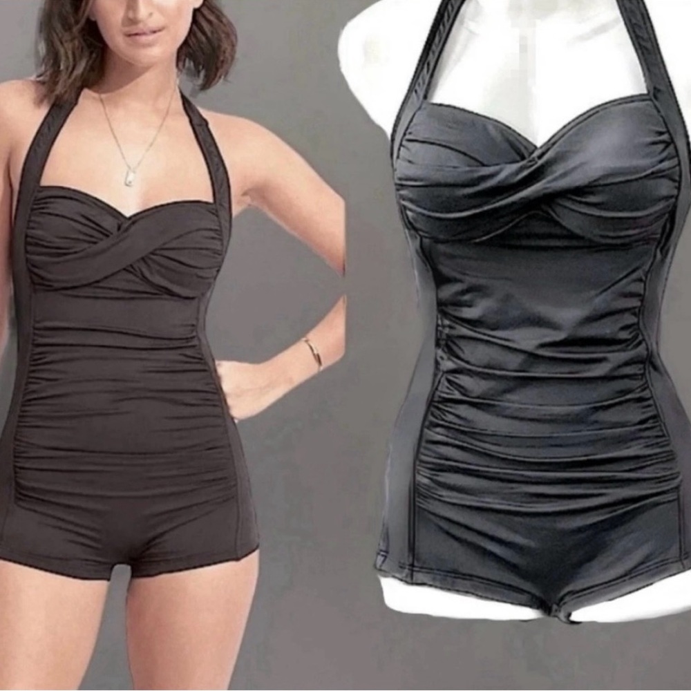 Seafolly Goddess Boy Leg Twist Front Black One Piece Retro Bathing Suit, 12/US 8
